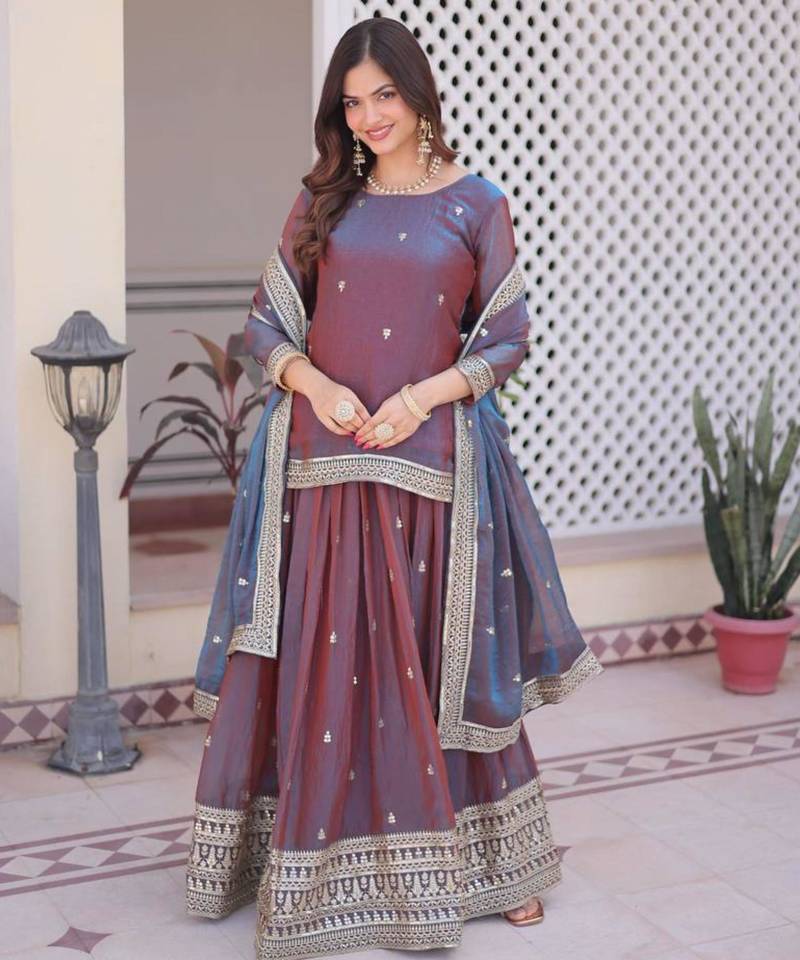 mauve chiffon embroidered lehengas