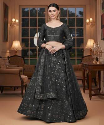 charcoal silk blend printed lehenga choli with dupatta 1