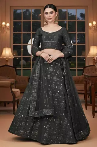 charcoal silk_blend printed lehengas