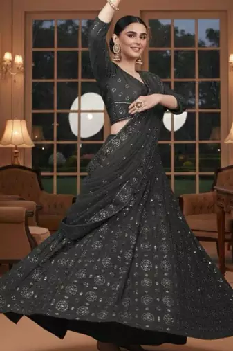 charcoal silk blend printed lehenga choli with dupatta