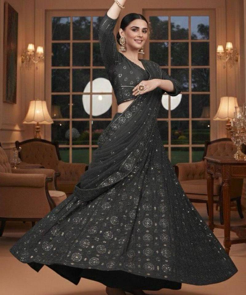 charcoal silk_blend printed lehengas