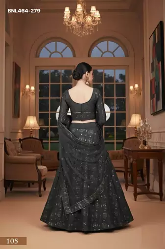 charcoal silk blend printed lehenga choli with dupatta