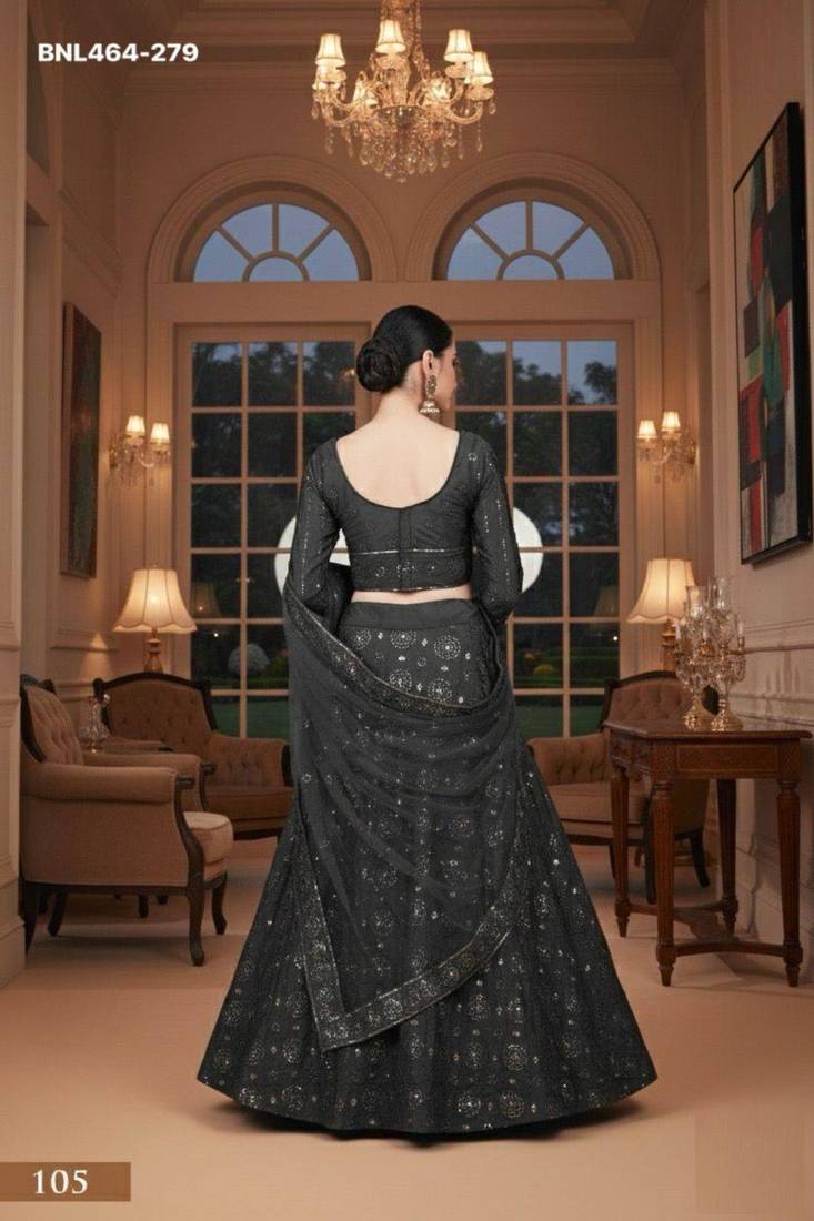 charcoal silk_blend printed lehengas