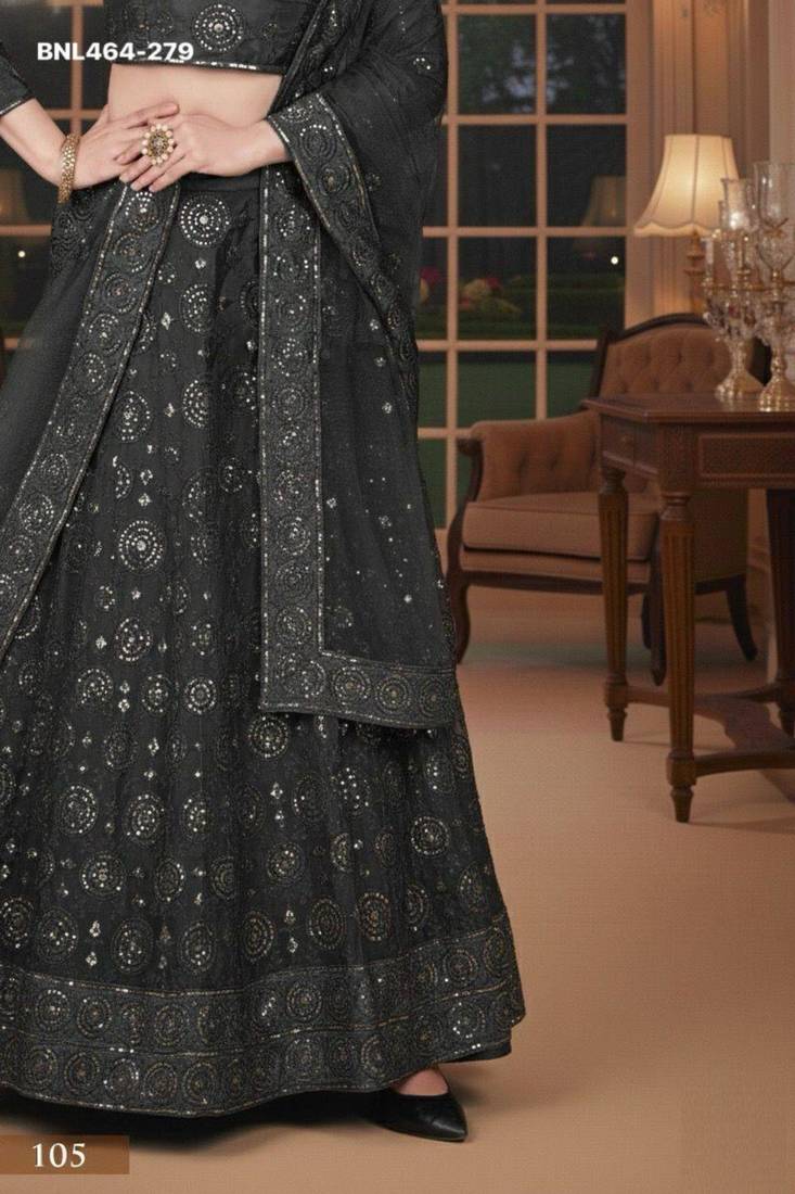 charcoal silk_blend printed lehengas