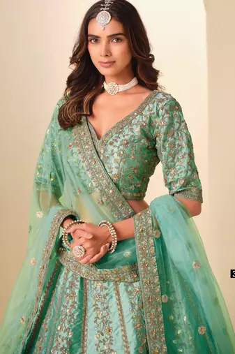 sea green art silk embroidered lehenga choli with dupatta