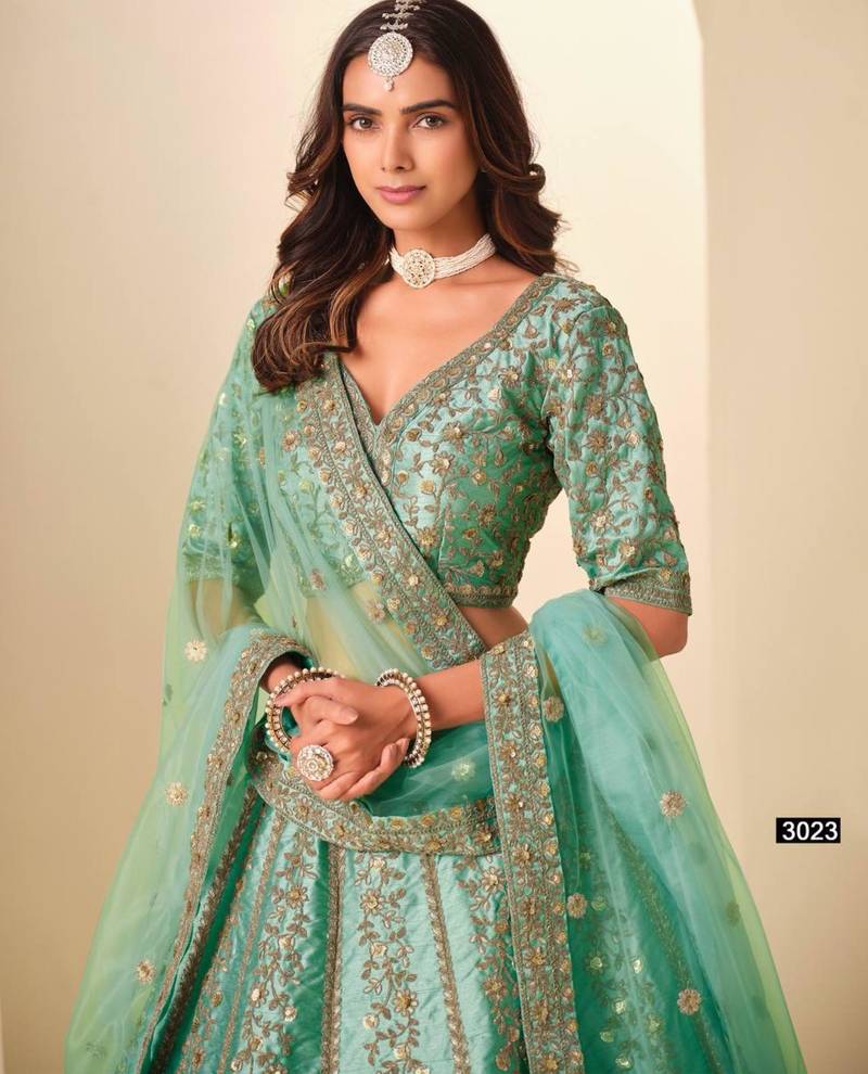 sea-green art_silk embroidered lehengas