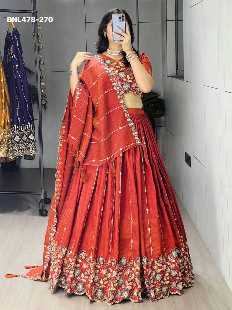orange silk embroidered lehengas