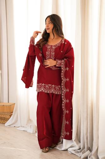 Women's red embroidered kurta set with patiala salwar & dupatta