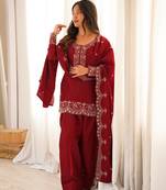 Women's red embroidered kurta set with patiala salwar & dupatta