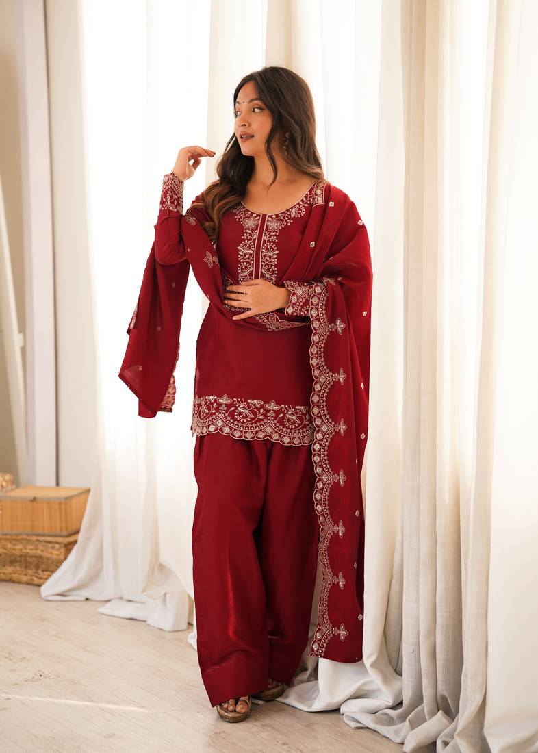Women's red embroidered kurta set with patiala salwar & dupatta