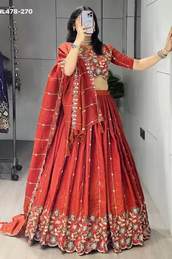 orange silk embroidered lehenga choli with dupatta