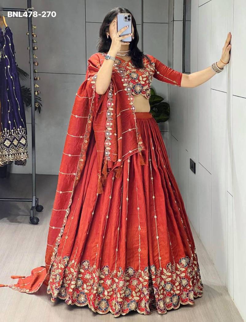 orange silk embroidered lehengas