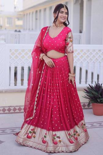 pink peacock motif embroidered silk lehenga choli