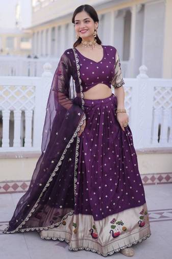dark purple silk lehenga choli with embroidered border