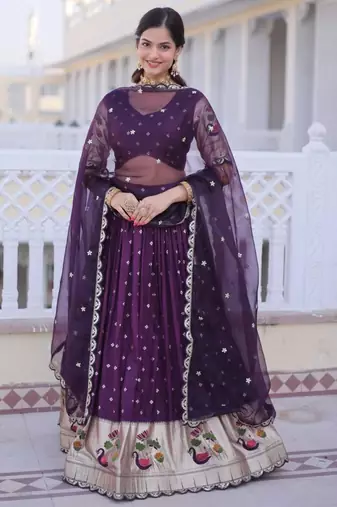 dark purple silk lehenga choli with embroidered border