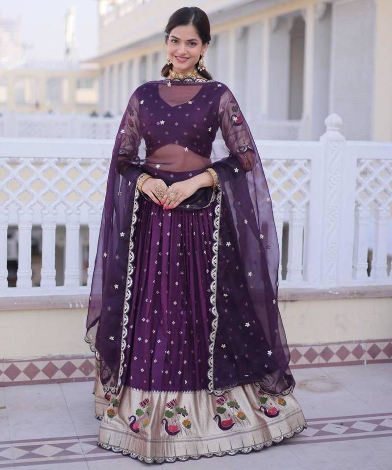 dark-purple silk plain lehengas