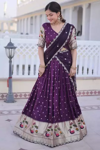 dark purple silk lehenga choli with embroidered border
