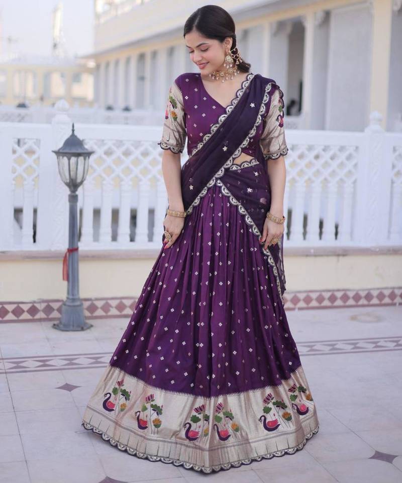 dark-purple silk plain lehengas