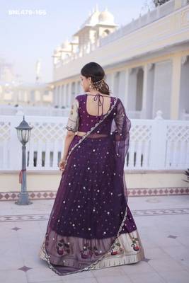 dark purple silk lehenga choli with embroidered border 4