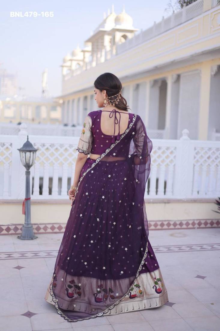 dark-purple silk plain lehengas
