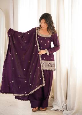 Women's wine embroidered kurta set with patiala salwar & dupatta 3