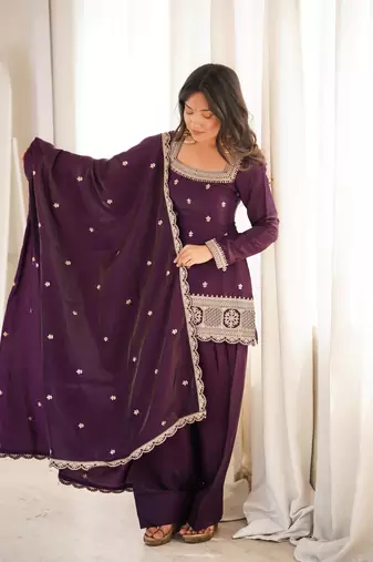 Women's wine embroidered kurta set with patiala salwar & dupatta