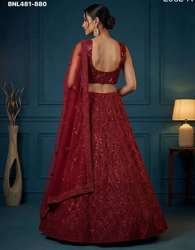 maroon net embroidered lehengas