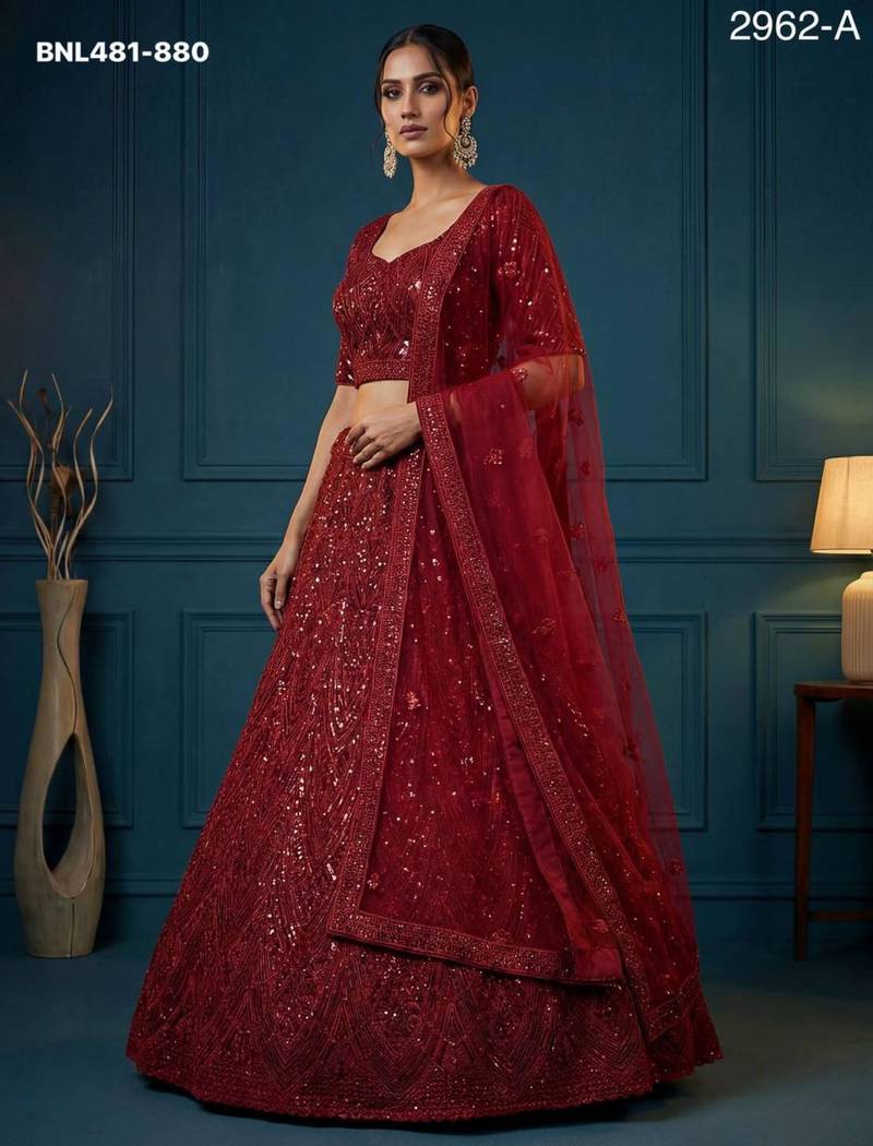 maroon net embroidered lehengas