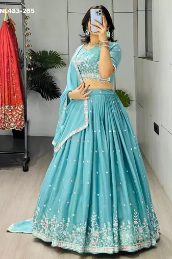 sky blue georgette embroidered lehenga choli with dupatta