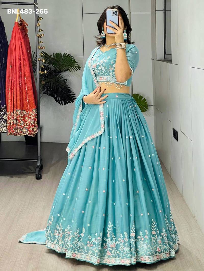 sky-blue georgette embroidered lehengas