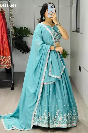 sky blue georgette embroidered lehenga choli with dupatta