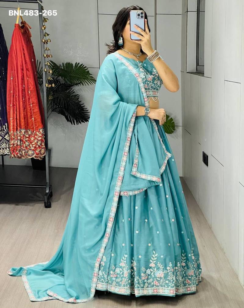 sky-blue georgette embroidered lehengas