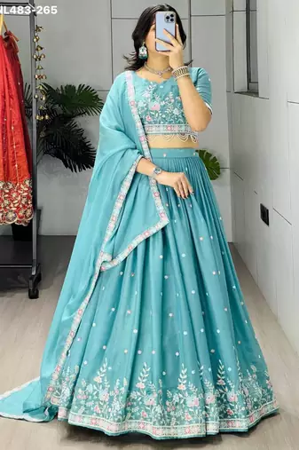 sky blue georgette embroidered lehenga choli with dupatta
