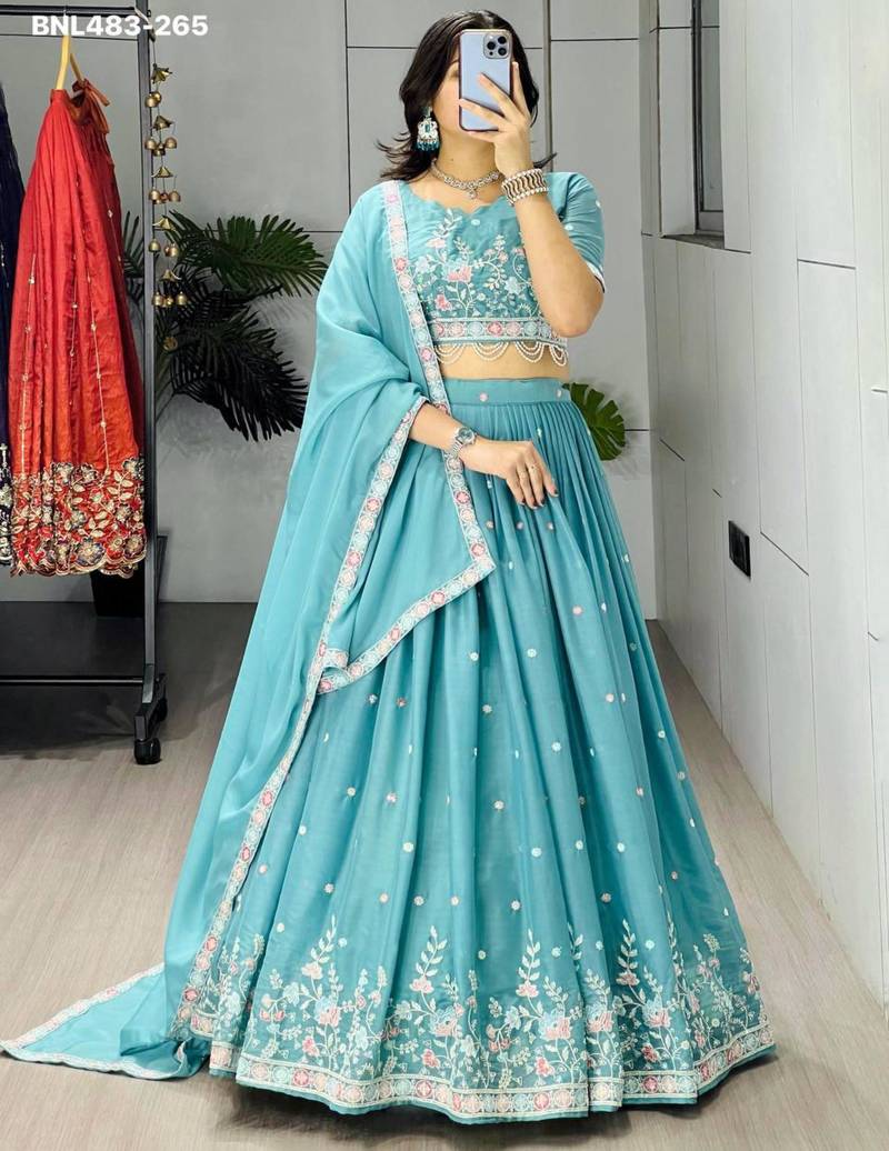 sky-blue georgette embroidered lehengas