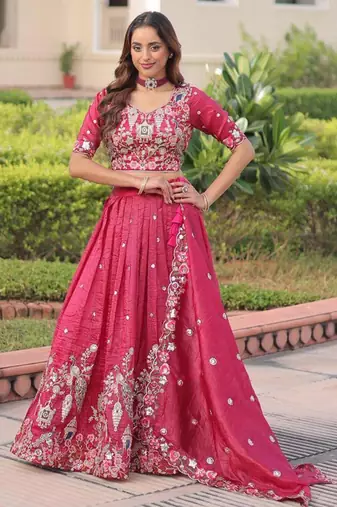 hot pink georgette embroidered lehenga choli with dupatta