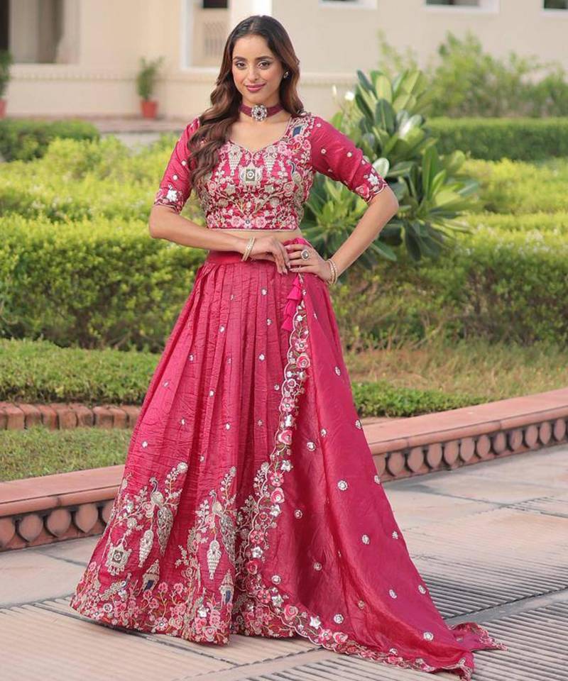 hot-pink georgette embroidered lehengas
