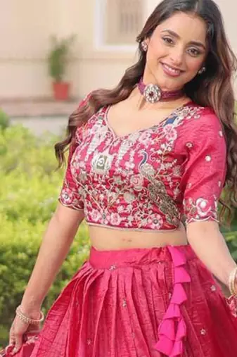 hot pink georgette embroidered lehenga choli with dupatta