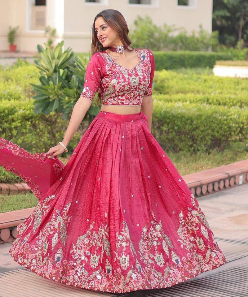 hot-pink georgette embroidered lehengas