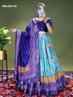 aqua blue silk blend lehenga with floral printed work 1