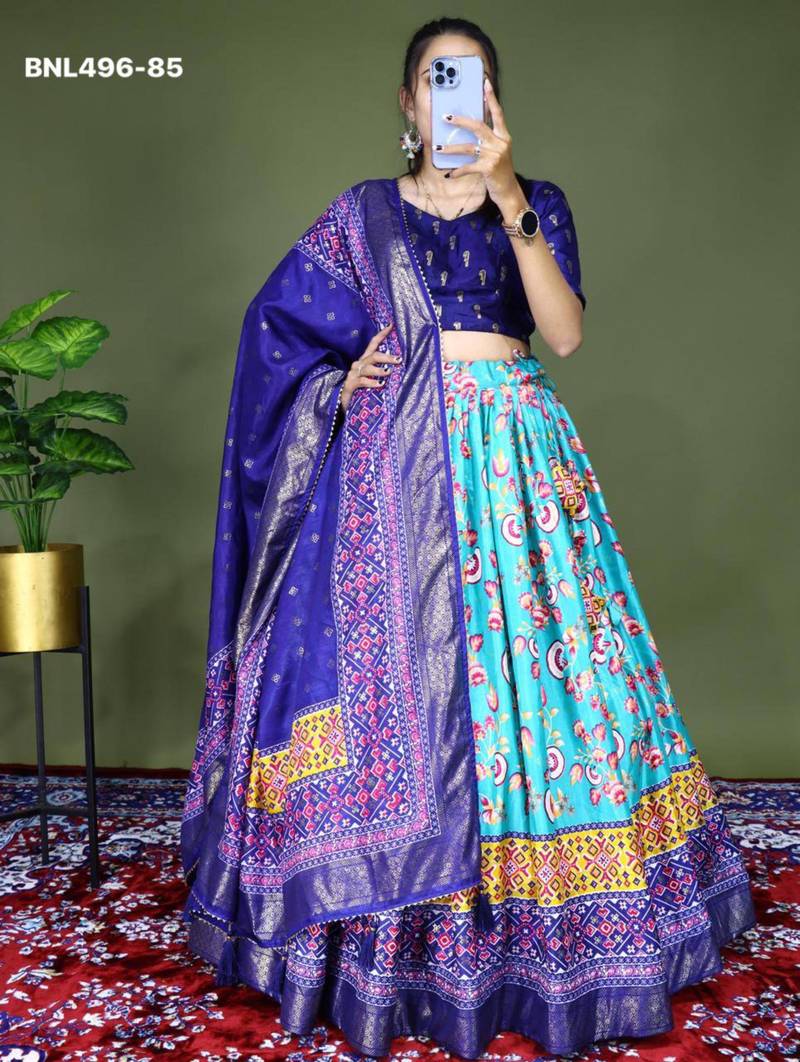 aqua-blue silk_blend printed lehengas