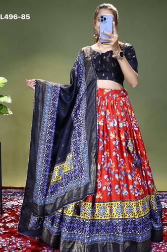 red printed silk blend lehenga