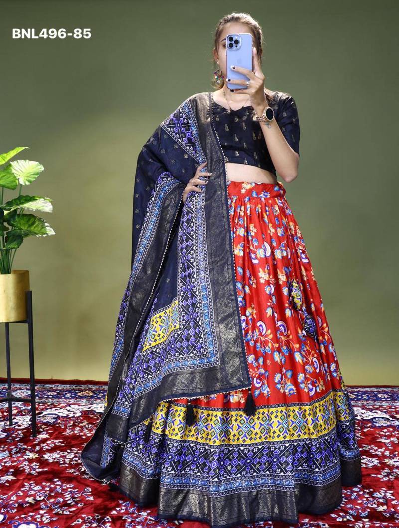red silk_blend printed lehengas