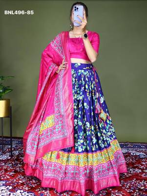navy blue silk blend lehenga choli with traditional print work 1
