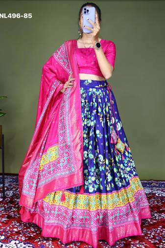 navy blue printed silk lehenga