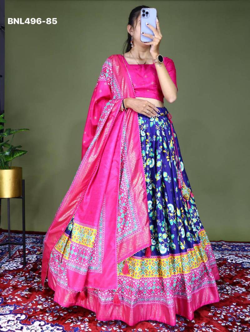 navy-blue silk_blend printed lehengas