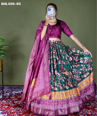 dark green silk blend lehenga choli with floral printed work 2