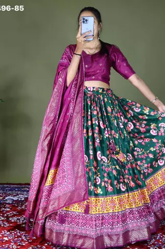 dark green silk blend lehenga choli with floral printed work