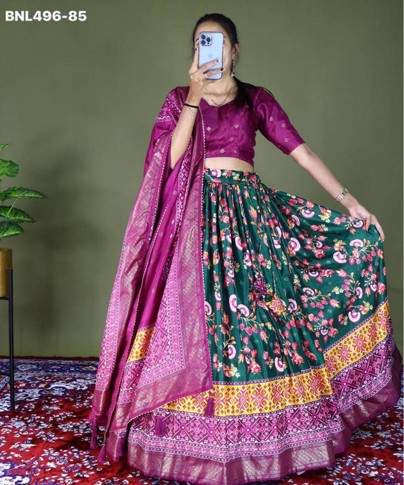 dark-green silk_blend printed lehengas
