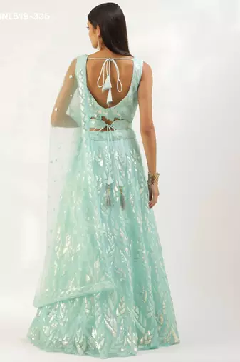 aqua blue net embroidered lehenga set with dupatta