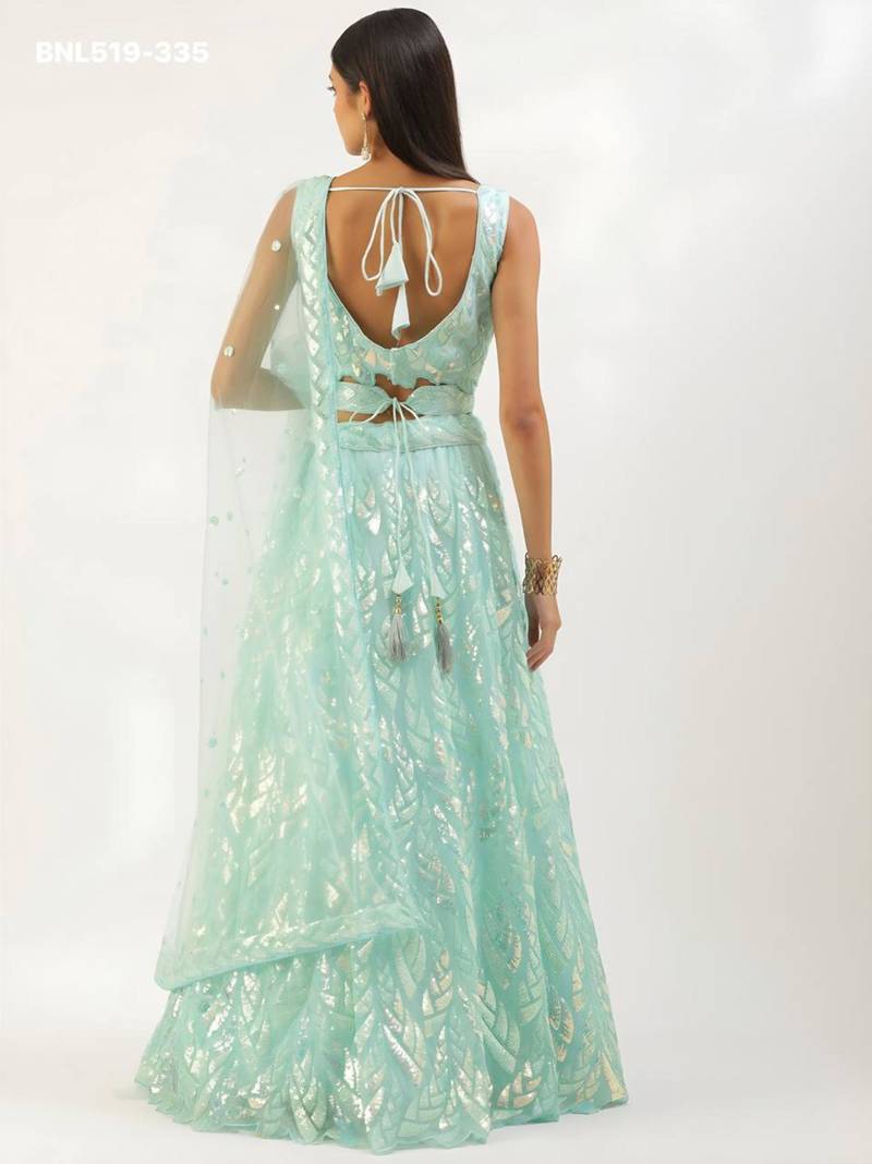 aqua blue net embroidered Lehenga set